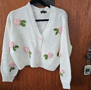 White and Pink Cropped Cardigan with Floral Embroidery